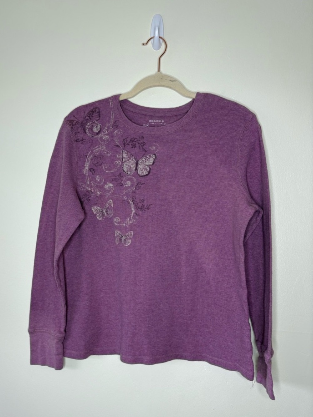 Sonoma 100% Cotton Purple Long-Sleeve Top with Butterfly Detail L